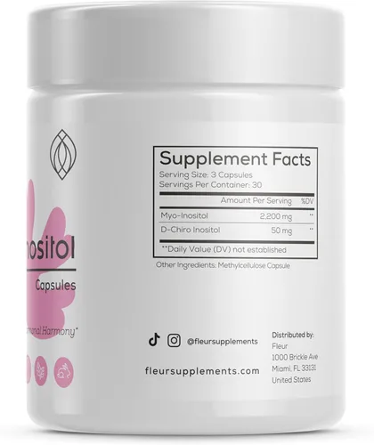 Vista 5 de FLEUR Cápsulas de mio-inositol y D-Chiro inositol, equilibrio hormonal y soporte de la función ovárica para mujeres, regula el ciclo menstrual, sin