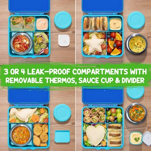 Vista 9 de Fimibuke Caja Bento para niños y adultos – Juego de lonchera Bento de 3 a 4 compartimentos a prueba de fugas con tarro de comida aislado, botella