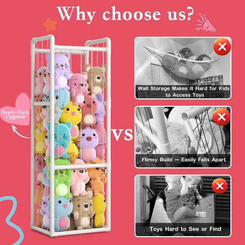 Vista 4 de Zoológico de animales de peluche para dormitorio, capacidad para más de 150 peluches, almacenamiento de juguetes resistente de carga de 45 libras
