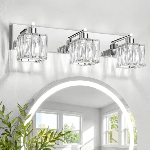 Vista 17 de VOLISUN Luces de Tocador de Cristal - 2 Luces Modernas de Acero Inoxidable para Baño Sobre Espejo, Acabado Cromado - Certificado UL