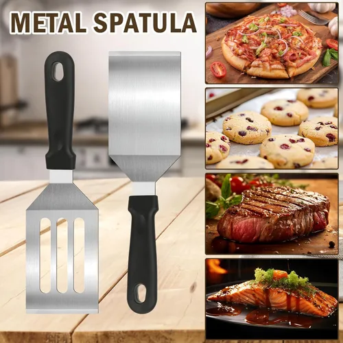Vista 5 de Paquete de 4 espátulas de acero inoxidable para sartén de hierro fundido, mango resistente al calor, juego de espátulas y espátulas para plancha