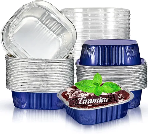 Geiserailie 40 juegos de moldes cuadrados de papel de aluminio para pastel 130 ml/ 4.4 onzas Mini desechables tazas para postres y cupcakes con Azul