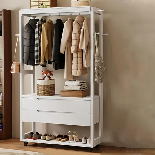 Vista 10 de Solid Wood Clothes Rack, 360° Movable Clothing Rack, Large Capacity Garment Rack with 4 Drawers and a Shoe Rack, Coat Rack for Entrance