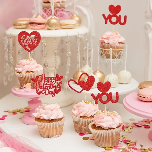 Vista 41 de Ephlyn 24 adornos para cupcakes con purpurina para el día de San Valentín, dulce amor, corazón, día de San Valentín, decoración para cupcakes
