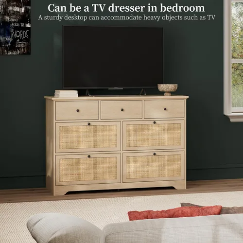 Vista 12 de Yechen Cómoda moderna de 6 cajones de 47.2 pulgadas de ancho con cajones de ratán natural, cómoda de madera industrial para dormitorio con patas