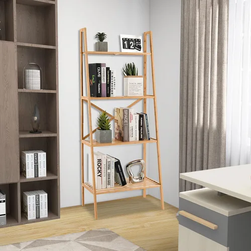 Vista 7 de Tangkula Estantería de bambú de 4 niveles, estantería rústica, estantería de pie, estante organizador de almacenamiento para libros, estante