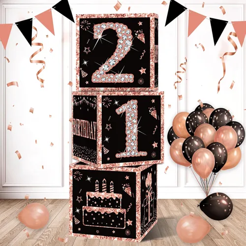 Vista 13 de Eiurteao 3 cajas de decoración de cumpleaños número 16 para niñas, cajas de globos de feliz cumpleaños de 16 años de oro rosa, suministros