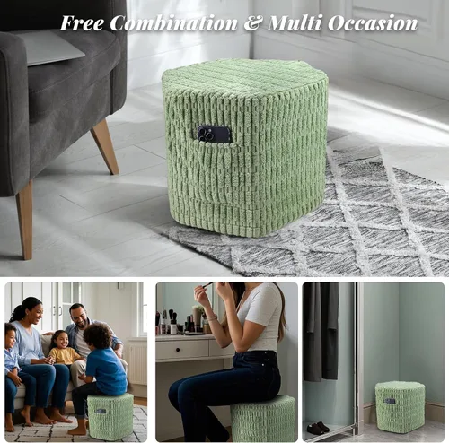 Vista 6 de Puf Otomano Hexagonal Relleno con 2 Bolsillos y Asa, Pufs de Pana Cómodos, Taburete Reposapiés Antideslizante con Almacenamiento, Pufs de Espuma