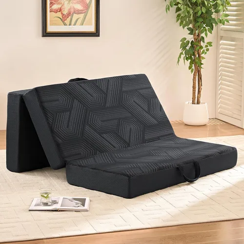 Mattress Topper, 6 Inch Memory Foam Tri-Fold Mattress Full, Foldable Bed with Washable Cover, Handles and Non-Slip Bottom for Yoga, Living Room,