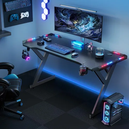 Vista 2 de HLDIRECT Escritorio para juegos de 40 pulgadas con luces LED, escritorio para jugadores de oficina en casa, mesa ergonómica para computadora