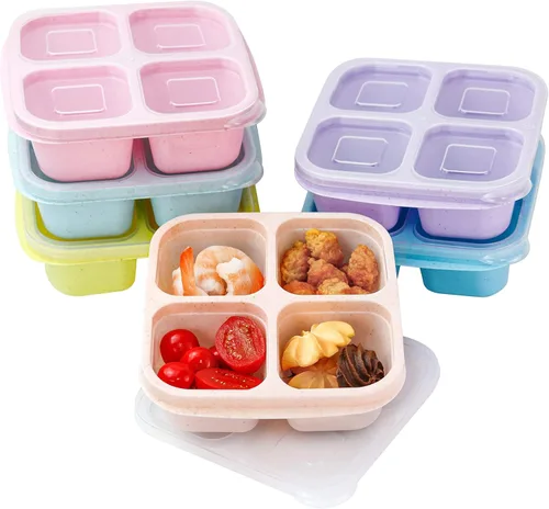 Vista 14 de Finorder Paquete de 3 Contenedores de Paja de Trigo, Caja Bento de Bocadillos Reutilizable de 4 Compartimentos para Niños Pequeños, Contenedores