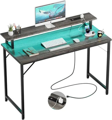 Vista 15 de Escritorio para computadora de 47 pulgadas con tomas de corriente, escritorio de juegos con luces LED, escritorio de trabajo de oficina en casa