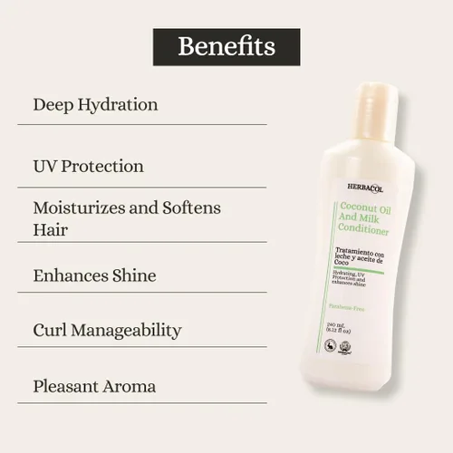 Vista 3 de Herbacol Acondicionador de aceite de coco y leche Acondicionador natural Restaura el cabello dañado y seco 8.12 onzas líquidas
