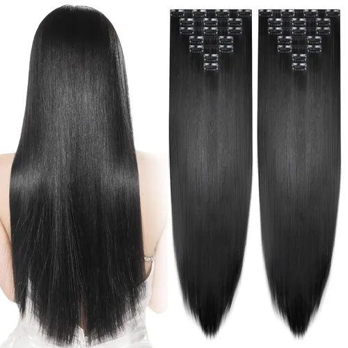 Jexine 14 extensiones de cabello con clip de 24 pulgadas, extensiones de cabello largo y lacio, 9.17 oz, extensiones de cabello sintético suave