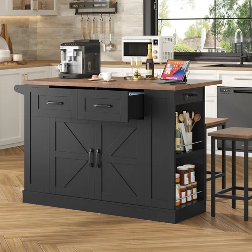 Vista 2 de Keyluv Isla de almacenamiento de cocina con 2 taburetes, carrito de cocina móvil de 51 pulgadas con hoja de caída y toma de corriente, mesa de isla