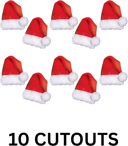 Vista 4 de Beistle Mini recortes de sombrero de Papá Noel, paquete de 10 decoraciones de papel de Navidad de doble cara, banda blanca para escribir