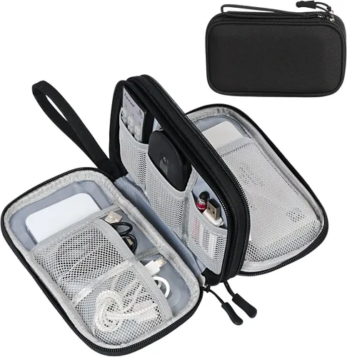 Vista 11 de FYY Organizador para cosas electrónicas, para viajes, para cables, celular y auriculares, estuche portátil, impermeable, doble capa, bolsa de Rosa