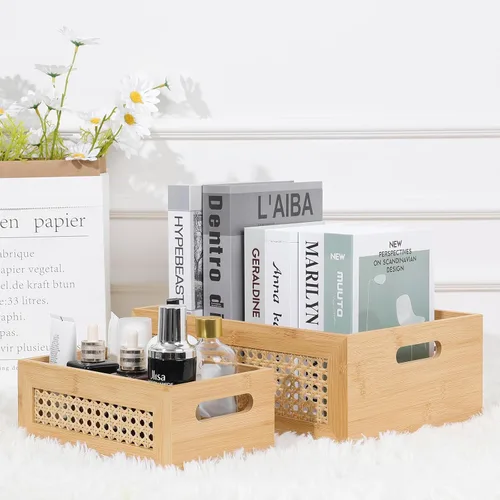 Vista 6 de Cesta de almacenamiento de ratán, paquete de 2 contenedores de almacenamiento hechos a mano de bambú natural con marco de madera y asas, caja