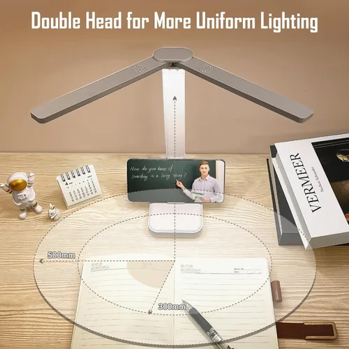 Vista 3 de Lámpara de escritorio LED de doble cabeza, lámpara de mesa portátil recargable, luz ajustable en color y brillo, alimentada por USB, luz LED