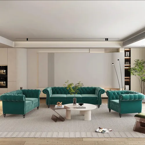 Vista 32 de Juego de 2 piezas para sala de estar, sofá loveseat Chesterfield de terciopelo con silla, brazos enrollados y tachuelas para sala de estar, oficina