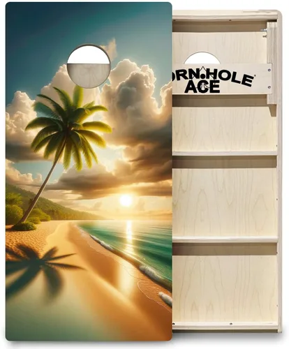 CornholeAce ACE PRO Tablas de Cornhole profesionales con temática de playa, sin rebote. Patas triples anchas, madera contrachapada de abedul báltico