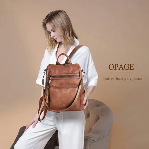 Vista 2 de OPAGE - Mochila de cuero para mujer, con borla de moda, bolso de hombro, mochila grande, bolsa de viaje, A-Marrón, L, Viajar