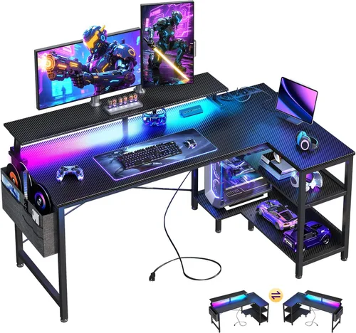 Vista 17 de ODK Escritorio para juegos de 40 pulgadas con tomas de alimentación USB y luces LED, escritorio reversible en forma de L con estantes de Superficie