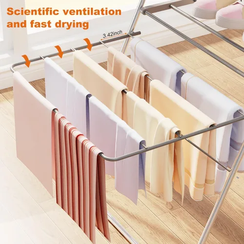 Vista 5 de Estante de Secado de Ropa Bigzzia Plegable, Estante de Secado de Ropa de 2 Niveles Grande para Lavandería Plegable, Estante de Secado de Acero