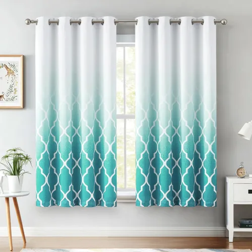 Vista 16 de Cortinas Metro Parlor Ombre 100% opacas de 72 pulgadas de largo, 2 paneles para sala de estar, dormitorio con patrón geométrico marroquí azul