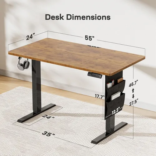 Vista 4 de Escritorios de pie Marsail de 55"x24" de altura ajustable para oficina en casa, escritorios eléctricos de pie con bolsa de almacenamiento