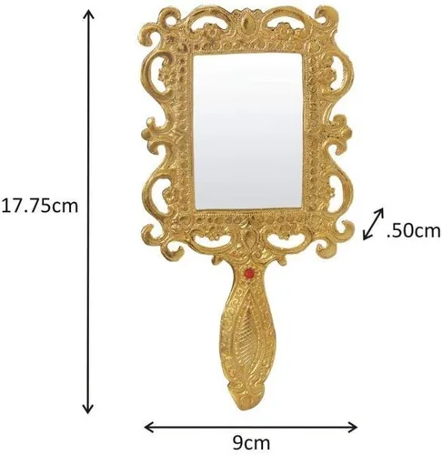 Vista 2 de Espejo de mano de metal de aluminio estilo antiguo dorado