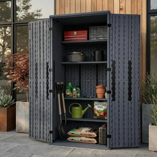 Vista 10 de EHHLY Gabinete de Almacenamiento Pequeño y Resistente para Exterior Impermeable, Gabinete de Almacenamiento de Garaje de 14 pies cúbicos con 2