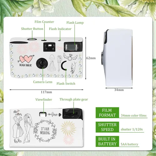 Vista 2 de Copkim Paquete de 8 cámaras desechables para boda de 1.378 in de película de un solo uso con flash cámaras blancas desechables una vez