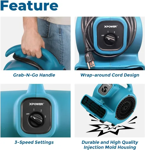 Vista 4 de XPOWER P-80 Mini Utility 600 CFM Movimiento de Aire Centrífugo, Ventilador de Piso, Soplador, Apilable, para Secar, Enfriar, Ventilar, Restauración