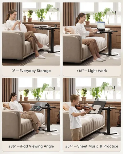 Vista 5 de FLEXISPOT Mesa auxiliar en forma de C de altura ajustable con parte superior inclinable dividida, mesa auxiliar móvil para sofá y mesita de noche