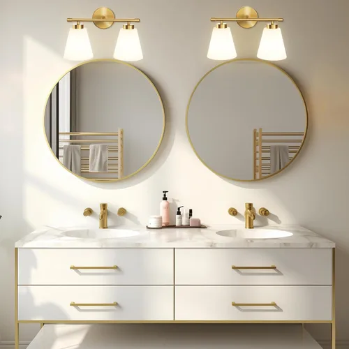 Vista 3 de Hamilyeah Lámpara de tocador de baño dorada con pantalla de vidrio esmerilado, 2 lámparas de tocador sobre espejo, 2 lámparas de pared para baño