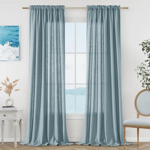 Vista 60 de Guken Cortinas de lino verde aguamarina de 84 pulgadas de largo, juego de 2 paneles semitransparentes con bolsillo para barra para comedor