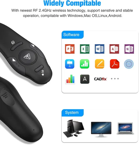Vista 6 de DINOSTRIKE Clicker de presentación con puntero láser rojo, RF 2.4GHz USB inalámbrico Presentador remoto deslizante para presentaciones Powerpoint
