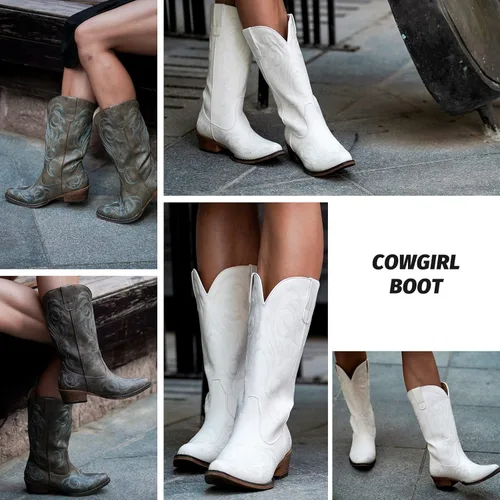Vista 4 de IUV Botas vaqueras para mujer, botas vaqueras de media pantorrilla, botas vaqueras con punta puntiaguda