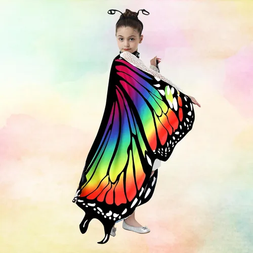 Vista 4 de Tibeha Disfraz de mariposa para niñas Capa de Halloween con alas de impresión de doble cara con máscara, diadema de antena, pinzas para el cabello