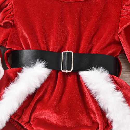 Vista 5 de Mameluco de Navidad para bebé recién nacida, vestido de terciopelo rojo, 2 piezas, ropa de Navidad para bebé Rojo A