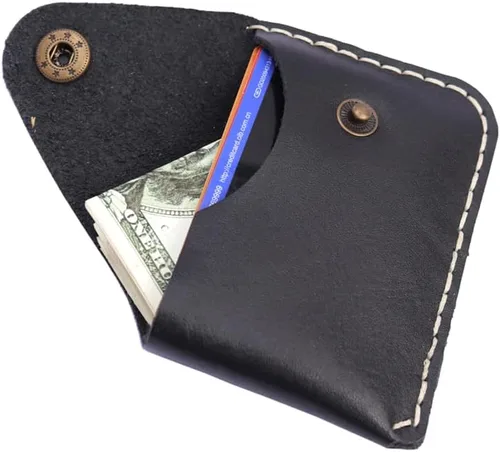 Vista 7 de Cartera de cuero genuino minimalista hecha a mano con tarjetero pequeño en bolsillo frontal Negro