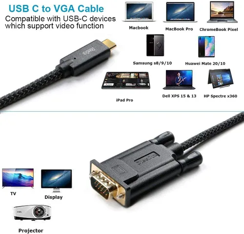 Vista 4 de Cable USB C a VGA de 6 pies, USB tipo C (Thunderbolt 3) a VGA, resistente trenzado para dispositivos USB 3.1, compatible con MacBook Pro, iPad Pro