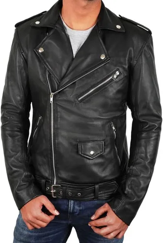 Vista 4 de SpazeUp Men's Black Genuine Lambskin Leather Jacket - Asymmetrical Brando Style Mens Casual Real Leather Jacket