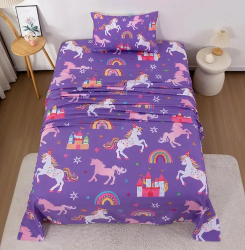 Juego de sábanas de 3 piezas para niñas, tamaño individual, diseño de castillo y estrella arcoíris, unicornio, para niños y adolescentes, divertido