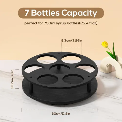 Vista 4 de THYGIFTREE Organizador giratorio de jarabe de café con 7 botellas, soporte de botellas de jarabe de madera para mostrador, soporte para barra