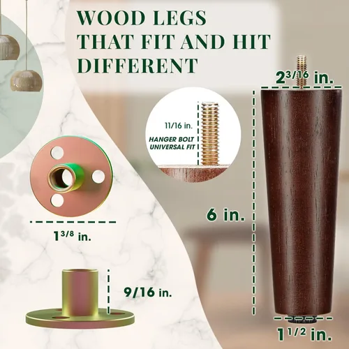 Vista 5 de Yes4All Juego de 4 patas de muebles de madera redondas de 6 pulgadas, pies de repuesto ajustables para sofá, cama, cómoda y otomanas, patas cónicas