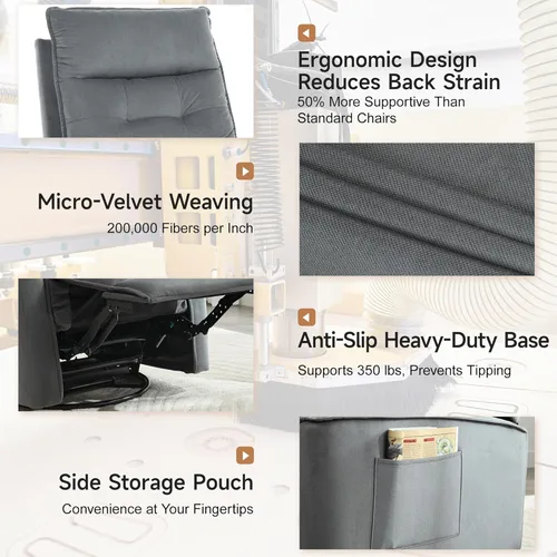 Vista 4 de Silla reclinable giratoria, mecedora, reclinable giratorio pequeño para espacios pequeños, sala de estar, caravana (gris oscuro)