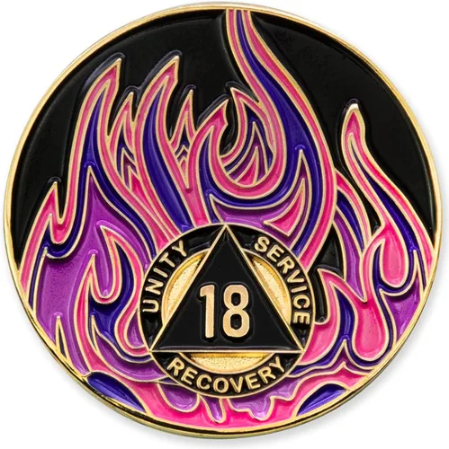 Vista 26 de Medallón de recuperación AA chapado en oro de 1 año Twisted Flames - Negro/Rojo/Naranja/Amarillo