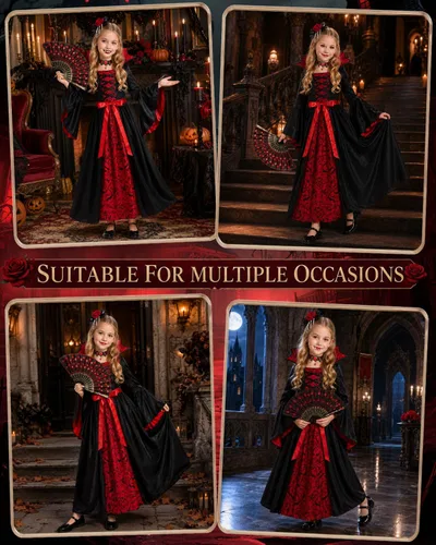 Vista 6 de Disfraz de vampiro para niñas de 4 a 12 años, conjunto de vestido gótico